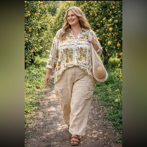 Rose & Olive White Blouse with Orange & Green Citrus Print size 3X.